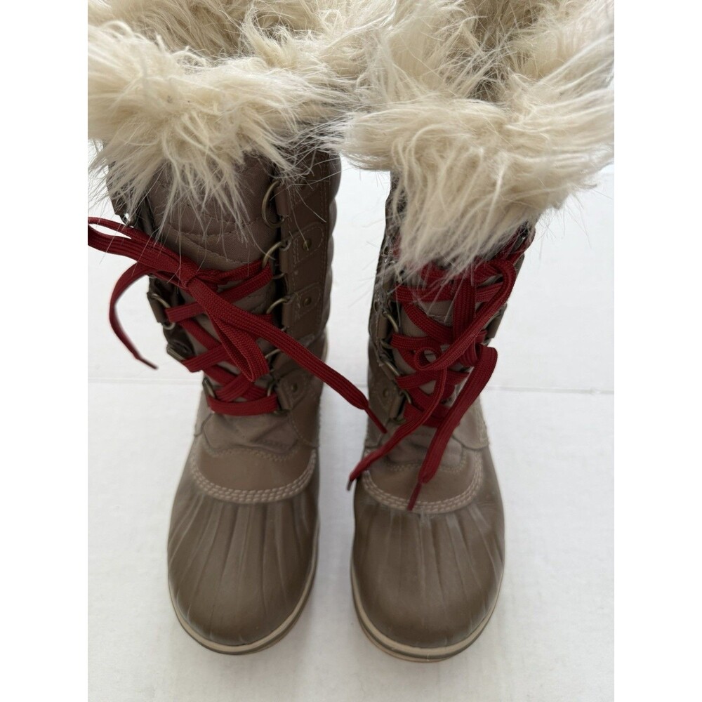Sorel Tofino II Girls Winter Boots Size 4 Waterproof Khaki Faux Fur Red Laces